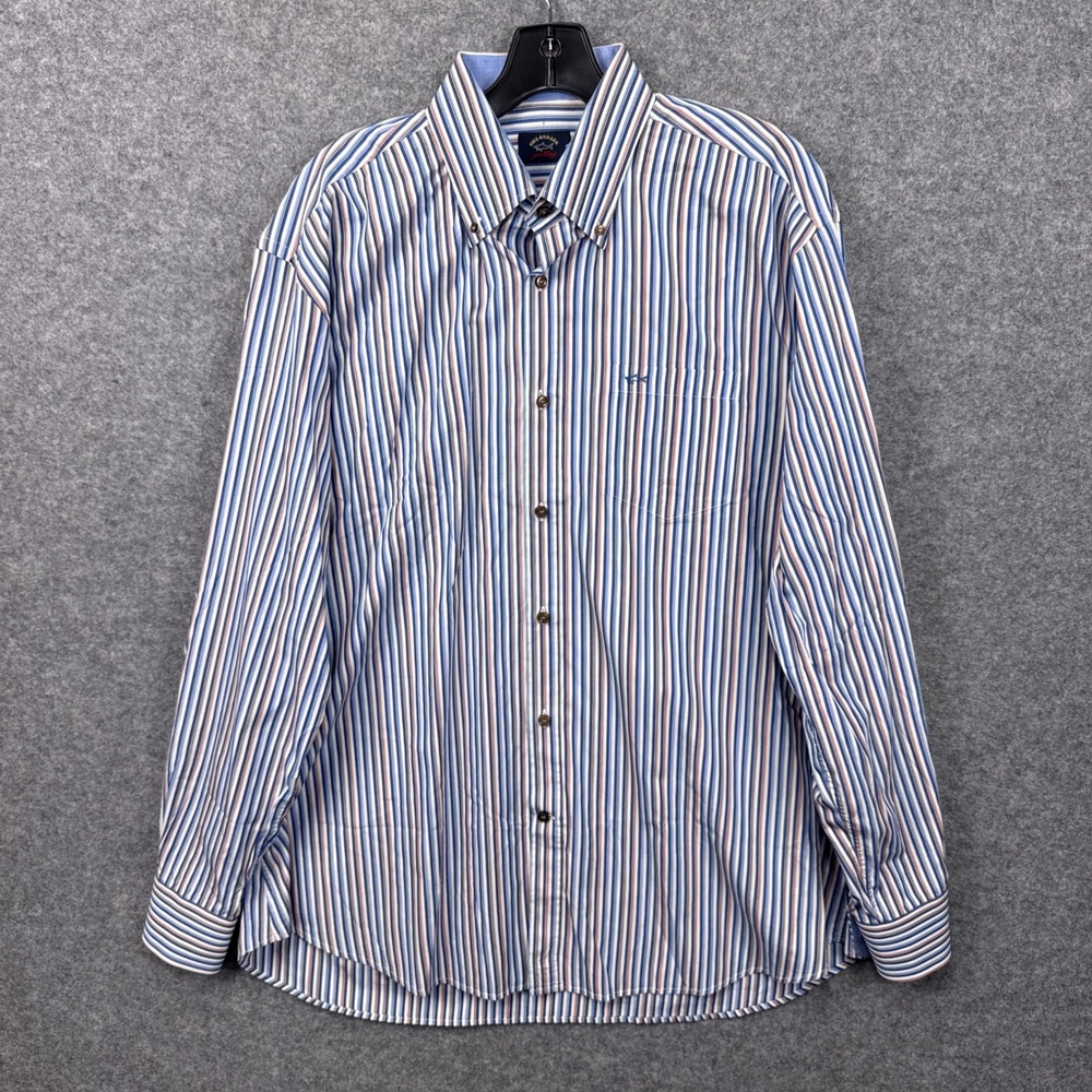 Paul & Shark Yachting Shirt Mens XL Blue Stripe 100% Cotton Button Down Logo